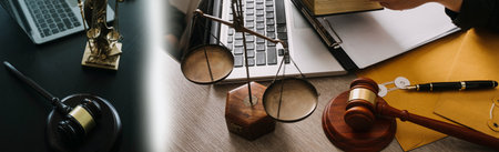 Business and lawyers discussing contract papers with brass scale on desk in office. Law, legal...