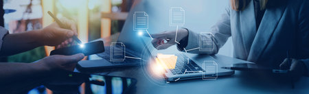 Document management system concept, business man holding folder and document icon software,...