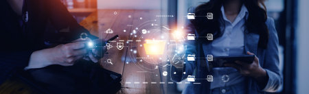 man use Laptop with cloud computing diagram show on hand. Cloud technology. Data storage. Networking...