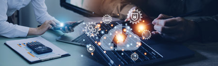 man use Laptop with cloud computing diagram show on hand. Cloud technology. Data storage. Networking...