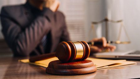 Justice and law concept.Male judge in a courtroom with the gavel, working with, computer and docking...