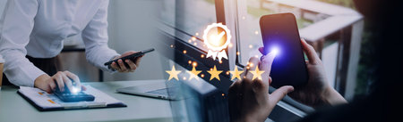 Hand shows the sign of the top service Quality assurance 5 star, Guarantee, Standards, ISO...