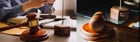 Business and lawyers discussing contract papers with brass scale on desk in office. Law, legal...