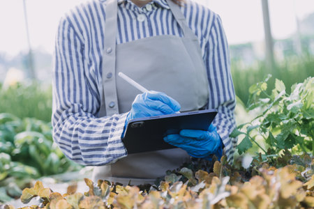 female farmer working early on farm holding wood basket of fresh vegetables and tablet