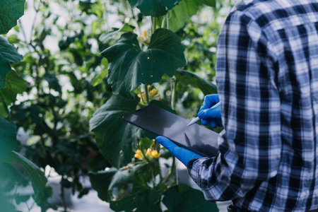 Futuristic businessman farms vegetables and crops using modern AI technology using mobile phones,...
