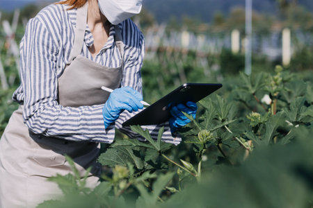 Futuristic businessman farms vegetables and crops using modern AI technology using mobile phones,...