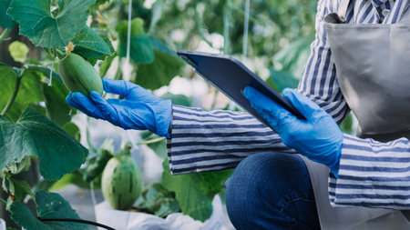 Futuristic businessman farms vegetables and crops using modern AI technology using mobile phones,...