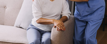 Homecare nursing service and elderly people cardiology healthcare. Close up of young hispanic female...