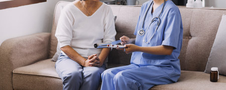 Homecare nursing service and elderly people cardiology healthcare. Close up of young hispanic female...