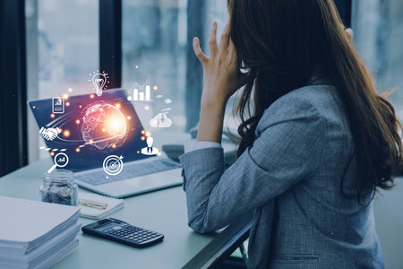 woman Hand holding virtual Global Internet connection metaverse. Business global internet connection...