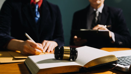 Business and lawyers discussing contract papers with brass scale on desk in office. Law, legal services, advice, justice and law concept picture with film grain effectの写真素材