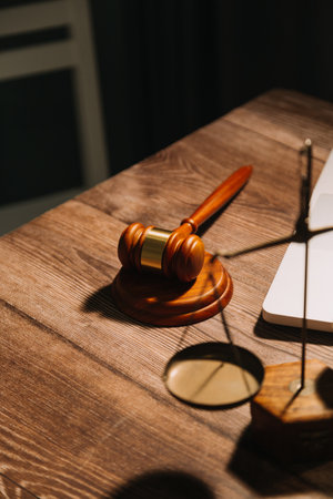 Business and lawyers discussing contract papers with brass scale on desk in office. Law, legal services, advice, justice and law concept picture with film grain effectの写真素材
