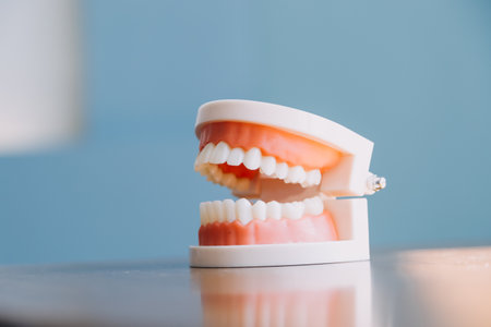 Stomatology concept, partial portrait of girl with strong white teeth looking at camera and smiling, fingers near face. Closeup of young woman at dentist's, studio, indoorsの写真素材