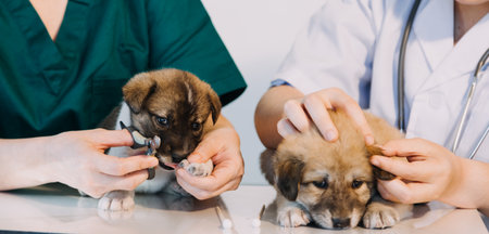 Checking the breath. Male veterinarian in work uniform listening to the breath of a small dog with a...