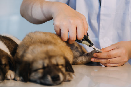 Checking the breath. Male veterinarian in work uniform listening to the breath of a small dog with a phonendoscope in veterinary clinic. Pet care conceptの写真素材