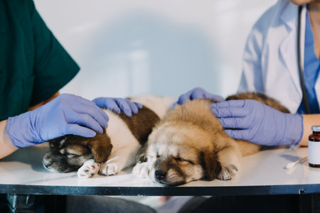 Checking the breath. Male veterinarian in work uniform listening to the breath of a small dog with a phonendoscope in veterinary clinic. Pet care conceptの写真素材