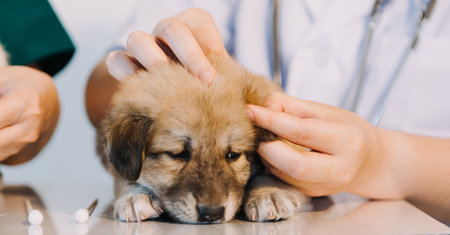 Checking the breath. Male veterinarian in work uniform listening to the breath of a small dog with a phonendoscope in veterinary clinic. Pet care conceptの写真素材