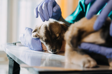 Checking the breath. Male veterinarian in work uniform listening to the breath of a small dog with a phonendoscope in veterinary clinic. Pet care conceptの写真素材