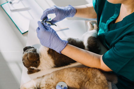 Checking the breath. Male veterinarian in work uniform listening to the breath of a small dog with a phonendoscope in veterinary clinic. Pet care conceptの写真素材