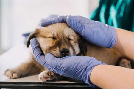 Checking the breath. Male veterinarian in work uniform listening to the breath of a small dog with a phonendoscope in veterinary clinic. Pet care conceptの写真素材