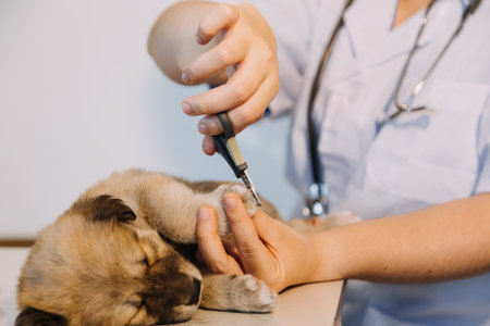Checking the breath. Male veterinarian in work uniform listening to the breath of a small dog with a phonendoscope in veterinary clinic. Pet care conceptの写真素材
