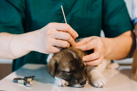 Checking the breath. Male veterinarian in work uniform listening to the breath of a small dog with a phonendoscope in veterinary clinic. Pet care conceptの写真素材