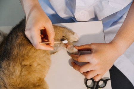 Checking the breath. Male veterinarian in work uniform listening to the breath of a small dog with a phonendoscope in veterinary clinic. Pet care conceptの写真素材