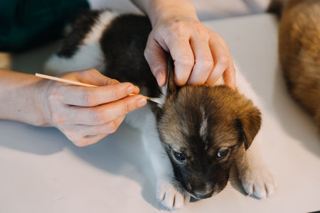 Checking the breath. Male veterinarian in work uniform listening to the breath of a small dog with a...
