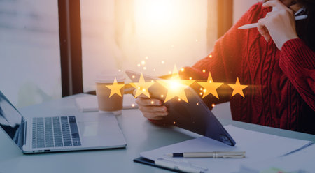 Customer Experience Concept, Best Excellent Services Rating for Satisfaction present by Hand of...