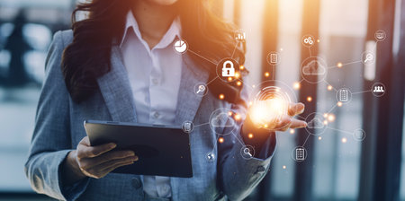 businessmen Fingerprint scanning and biometric authentication, processing of biometric for access personal data. surveillance and security scanning of digital programs cyber futuristic applicationsの写真素材
