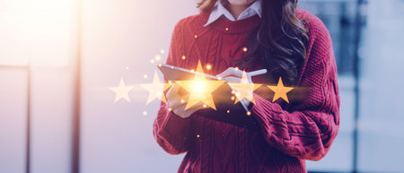 Customer Experience Concept, Best Excellent Services Rating for Satisfaction present by Hand of...