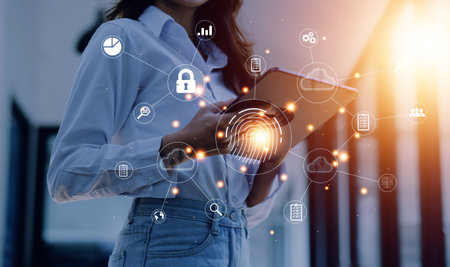 businessmen Fingerprint scanning and biometric authentication, processing of biometric for access...