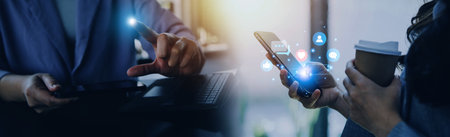 Social media and digital online concept, man using smart phone with Social media. The concept of...