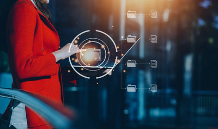 Document Management System (DMS), online documentation database and process automation to efficiently manage files, knowledge and documentation in enterprise with ERP. Corporate business technology.の写真素材