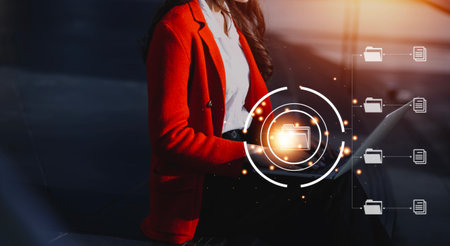 Document Management System (DMS), online documentation database and process automation to efficiently manage files, knowledge and documentation in enterprise with ERP. Corporate business technology.の写真素材