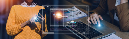 Analyst working with computer in Business Analytics and Data Management System to make report with...