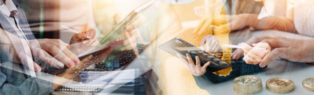 Businessman and team analyzing financial statement Finance task. with smart phone and laptop and...