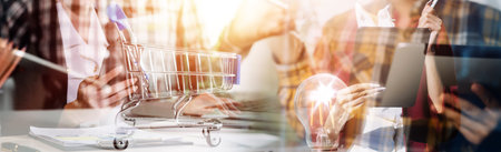 Businessman and team analyzing financial statement Finance task. with smart phone and laptop and tablet. Wealth management conceptの写真素材