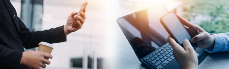 Businessman using mobile smart phone. Business global internet connection application technology and digital marketing, Financial and banking, Digital link tech, big data.の写真素材