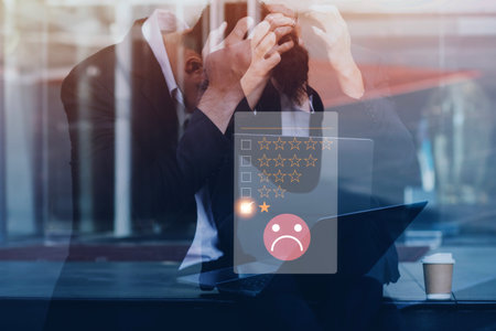 Customer Experience dissatisfied Concept, Unhappy Businessman Client with Sadness Emotion Face on...