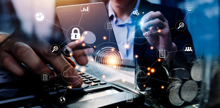 businessmen Fingerprint scanning and biometric authentication, processing of biometric for access personal data. surveillance and security scanning of digital programs cyber futuristic applicationsの写真素材