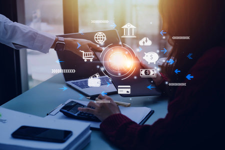 futuristic digital processing of biometric identification fingerprint scanner for access personal financial data. surveillance and security scanning of digital programs cyber futuristic applicationsの写真素材