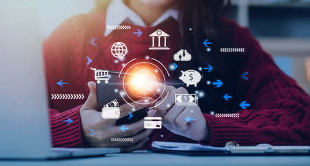 futuristic digital processing of biometric identification fingerprint scanner for access personal financial data. surveillance and security scanning of digital programs cyber futuristic applicationsの写真素材