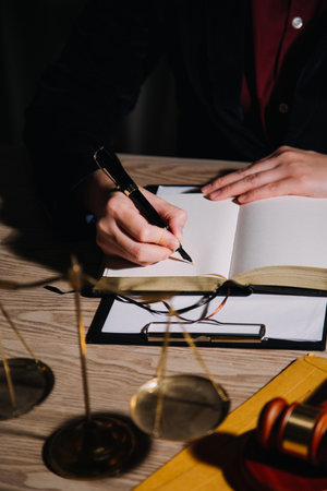 Justice and law concept.Male judge in a courtroom with the gavel, working with, computer and docking keyboard, eyeglasses, on table in morning lightの写真素材