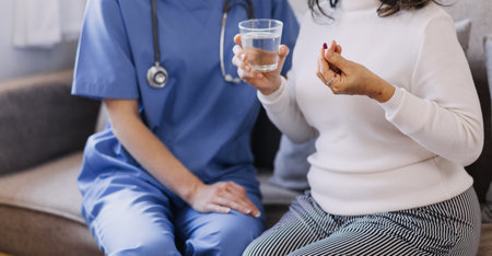 Homecare nursing service and elderly people cardiology healthcare. Close up of young hispanic female...