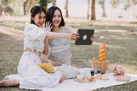 Young pretty brunette twin girls sitting on the grass with legs slightly bent in knees and looking in a brown book, wearing casual coat in autumn sunny weather on blurry background.の写真素材