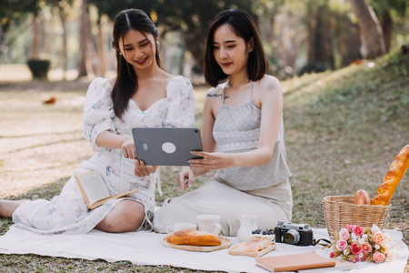 Young pretty brunette twin girls sitting on the grass with legs slightly bent in knees and looking in a brown book, wearing casual coat in autumn sunny weather on blurry background.の写真素材