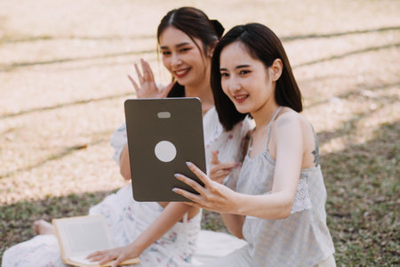Young pretty brunette twin girls sitting on the grass with legs slightly bent in knees and looking in a brown book, wearing casual coat in autumn sunny weather on blurry background.の写真素材