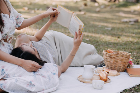 Young pretty brunette twin girls sitting on the grass with legs slightly bent in knees and looking in a brown book, wearing casual coat in autumn sunny weather on blurry background.の写真素材