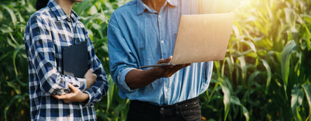 Asian woman and man farmer working together in organic hydroponic salad vegetable farm. using tablet...